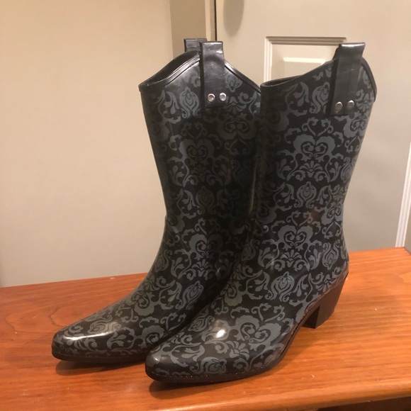 Capelli New York Black And Grey Rubber Cowboy Rainboots - Picture 1 of 4